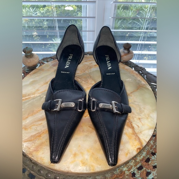Prada Shoes - Vintage Prada Black Leather Pointed-Toe D'Orsay Flats Sz 36